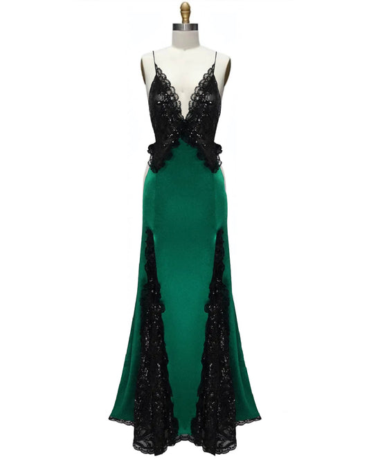 Hayworth- the 1940s Sequined Lingerie Style Green and Black Satin Dress 2 Color Ways