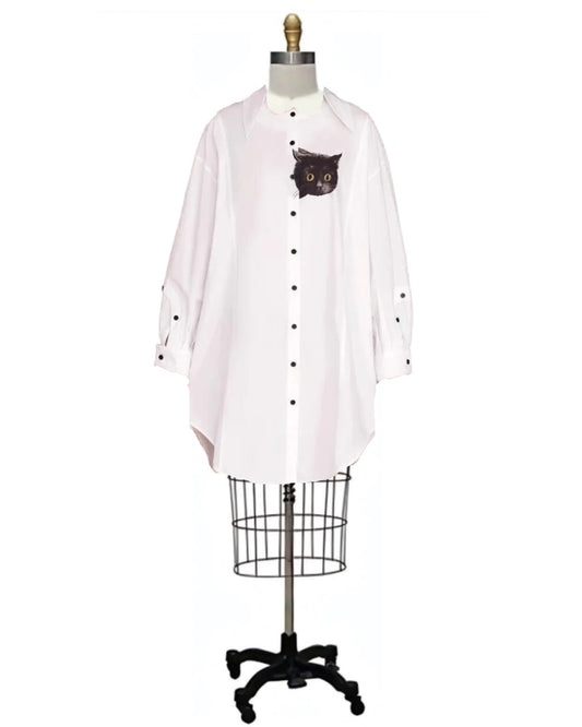 Sneaky- the Peek-a-Boo Kitty Oversized Blouse Pink or White
