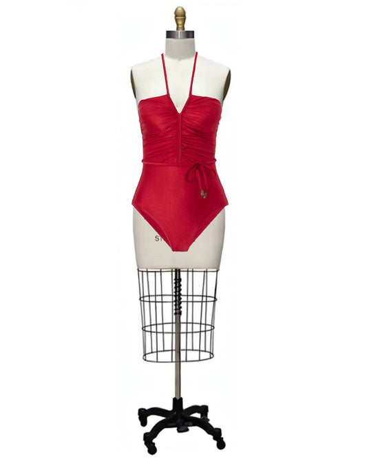 Charlie-  the Red 1970s Style Belted Swimsuit (Optional Sarong)