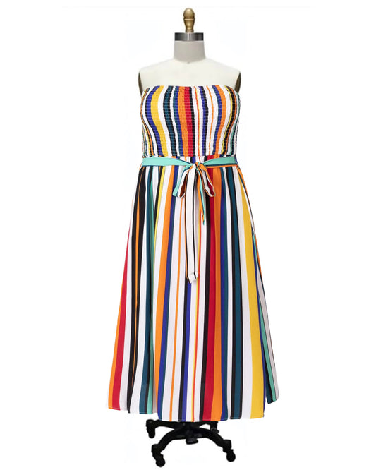 Vertical- the Rainbow Striped Smocked Bodice Strapless Summer Dress Plus Sizes