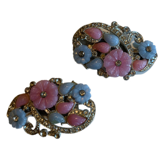 Pastel Floral Glass and Rhinestones Set of Fur Clips circa 1930s