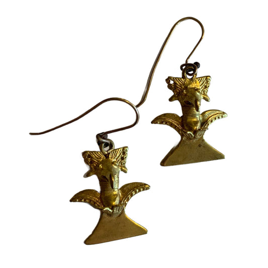 Golden Metal Mayan Bird Earrings circa 1980s
