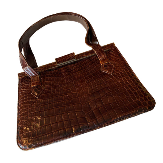 Cognac Brown Crocodile Kelly Style Handbag circa 1940s
