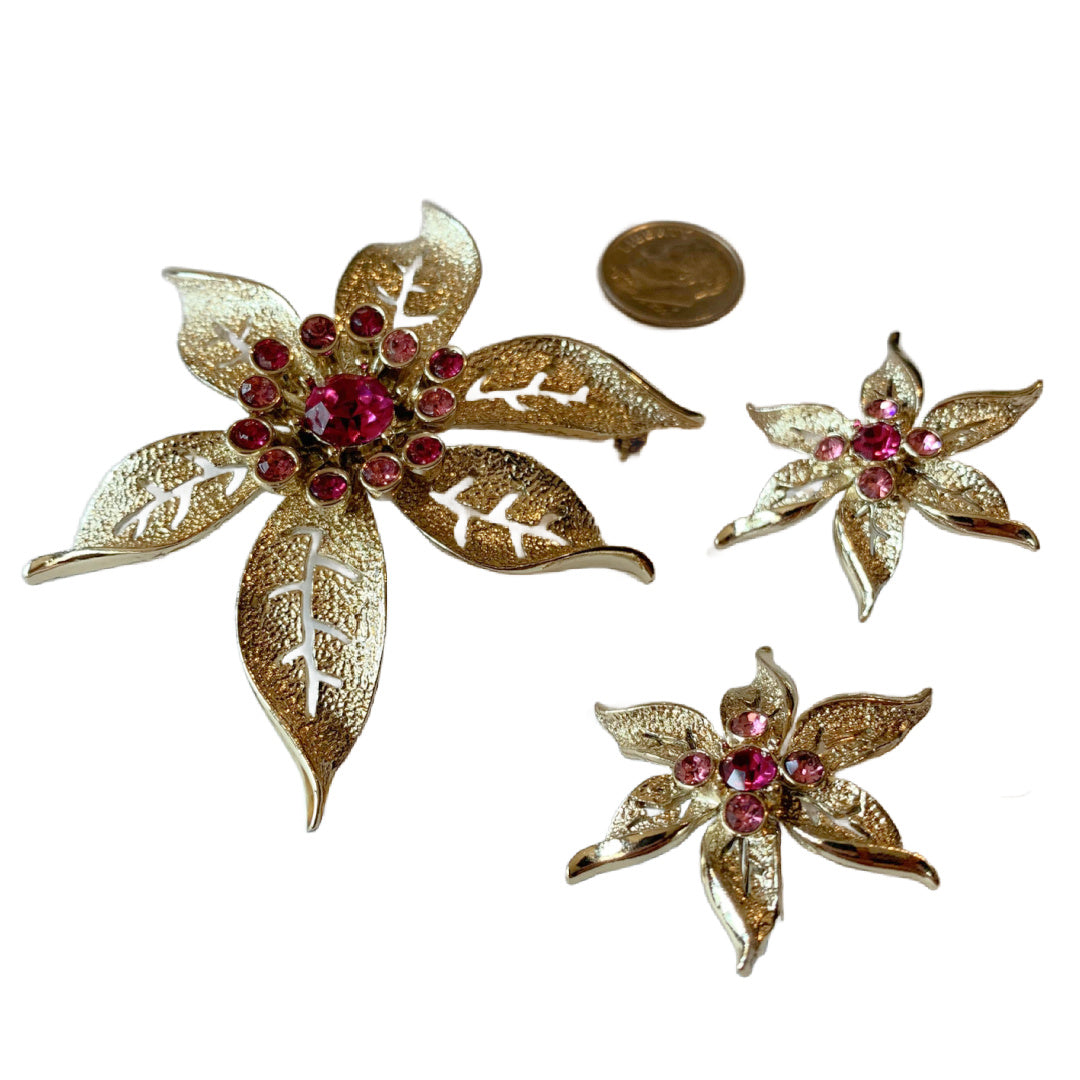 Bright Pink and Gold Flower Brooch and Clip Earrings circa 1960s