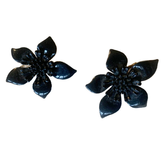Enameled Metal Black Flower Clip Earrings circa 1960s