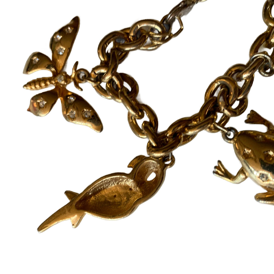 Bug, Bird and Lizard Themed Charm Bracelet w/ Rhinestones circa 1980s
