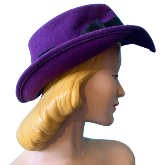 Jaunty Purple Felted Wool Fedora Style Hat circa 1980s