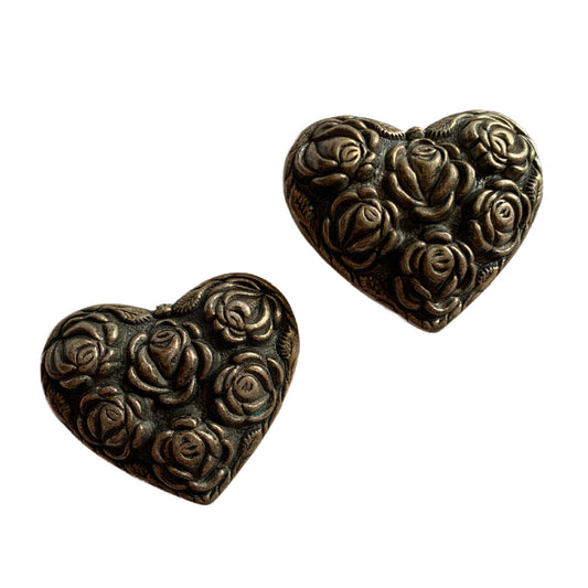 Baroque Textured Rose Design Heart Shaped Metal Clip Earrings circa 1980s