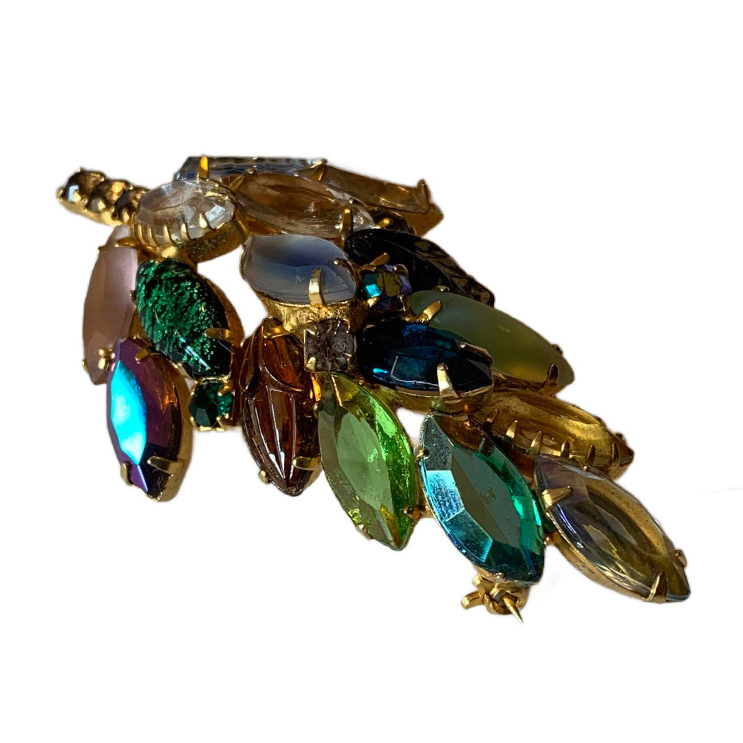 Juliana Style Multicolored Navette Rhinestone Brooch with Carved and Foil Back Crystals circa 1960s