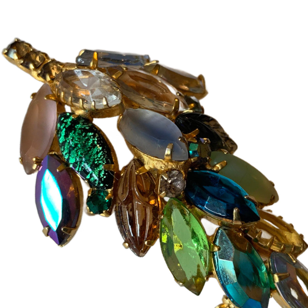 Juliana Style Multicolored Navette Rhinestone Brooch with Carved and Foil Back Crystals circa 1960s