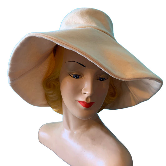 Bone White Felted Wool Slouchy Hat with Wide Brim circa 1970s