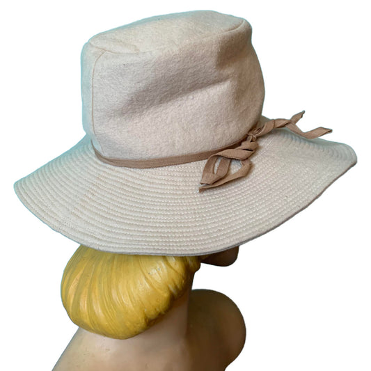 Winter White Felted Wool Wide Brim Hat with Tan Bow circa 1970s