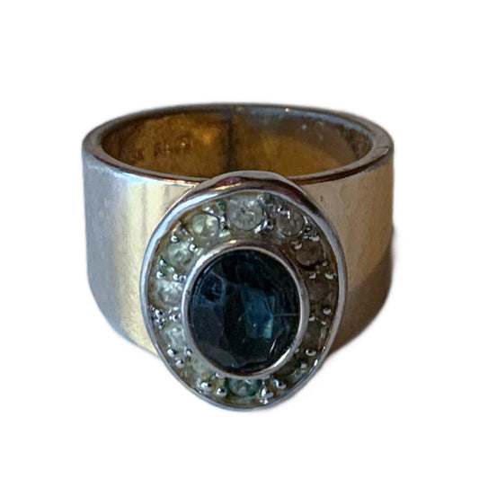 Blue Glass and Clear Rhinestone Ring circa 1980s 6 1/2