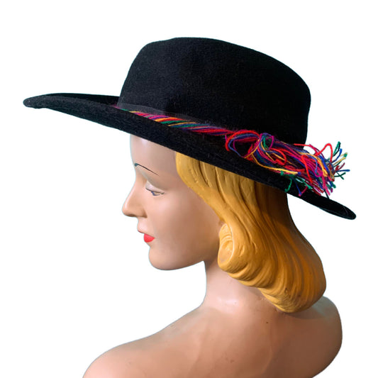 Black Western Inspired Hat with Rainbow Braid Cord circa 1980s