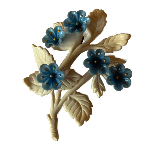 Sky Blue and Cloud White Celluloid Flower Brooch circa 1930s
