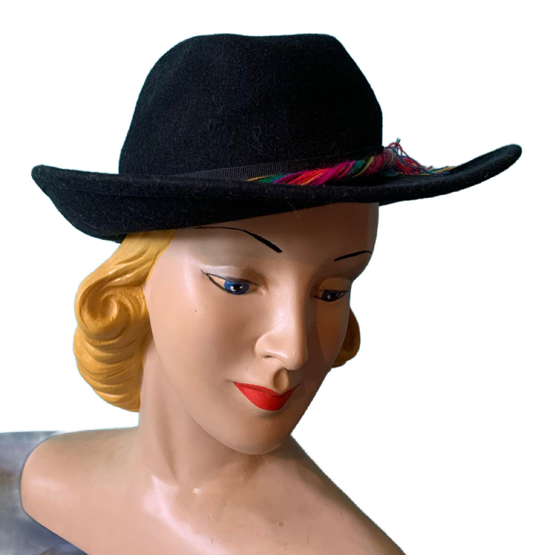 Black Western Inspired Hat with Rainbow Braid Cord circa 1980s