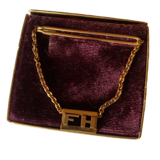 FH Initial Gold Tone Tie Clip with Chain in Box circa 1940s