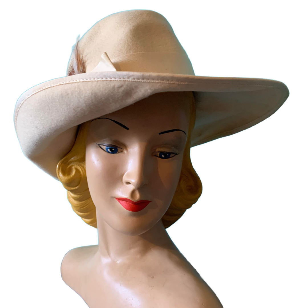 Warm Ivory Felted Wool Fedora Style Hat with Feather circa 1980s