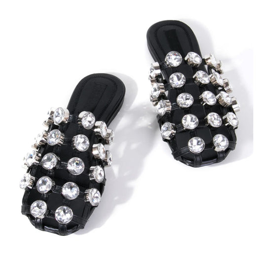 Crystal- the Big Crystal Studded Black Sandals
