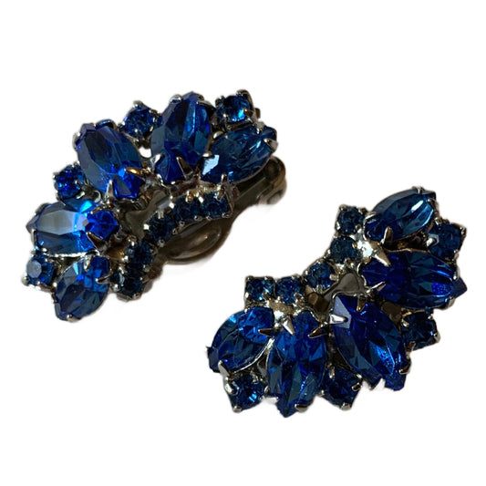 Cobalt Blue Rhinestone Clip Earrings circa 1950s