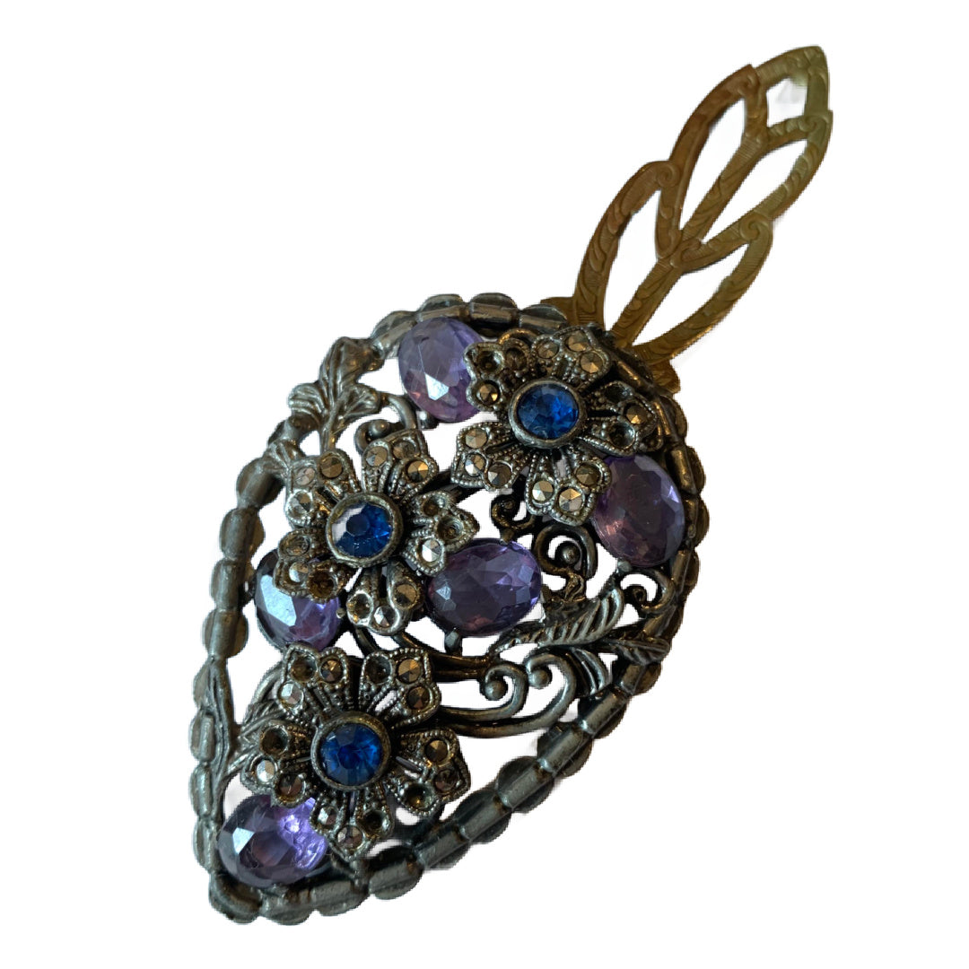 Violet and Blue Czech Glass Floral Design Large Fur Clip circa 1930s