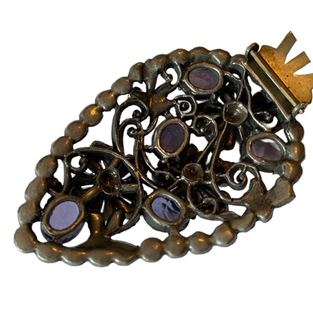 Violet and Blue Czech Glass Floral Design Large Fur Clip circa 1930s