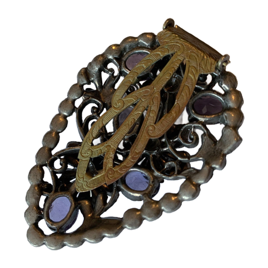 Violet and Blue Czech Glass Floral Design Large Fur Clip circa 1930s