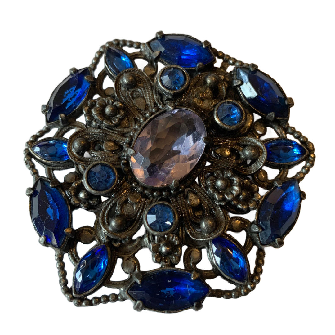Elegant Bold Blue Czech Glass Large Fur Clip & Earrings circa 1930s
