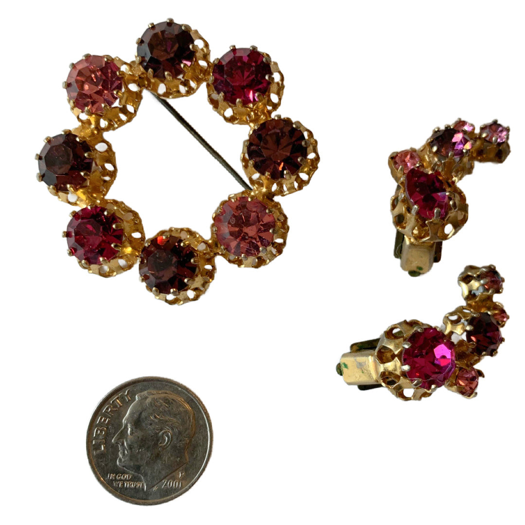 Pink and Purple Austrian Crystal Wreath Brooch and Earrings Set circa 1960s