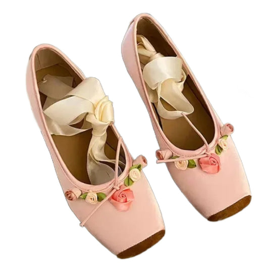 Francesca- the Ribbon Flower Trimmed Ankle Wrap Ballet Flats