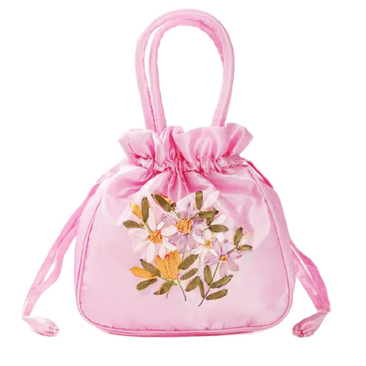 Nelly- the Satin Drawstring Pouch Bag w/ Embroidered Flowers 10 Colors