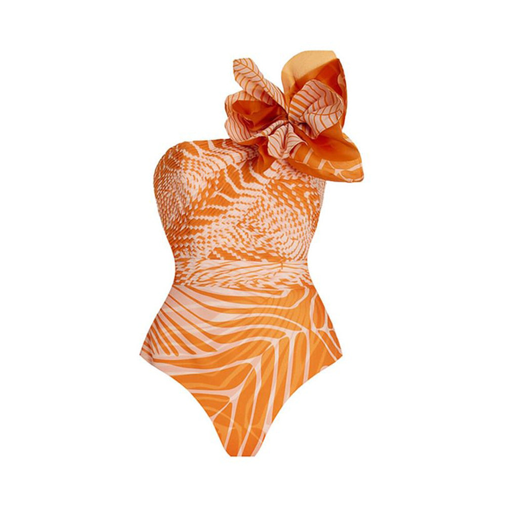 Palm Royale- the Citrus Orange Palm Leaf Print One Shoulder Swimsuit 2 Styles