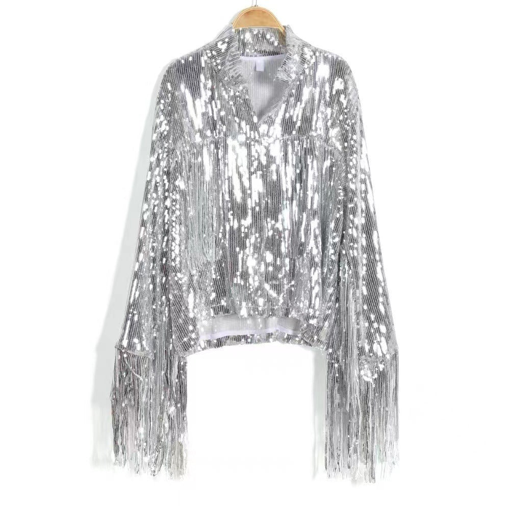 Shania- the Sequined Fringed Long Sleeved Jacket Gold or Silver
