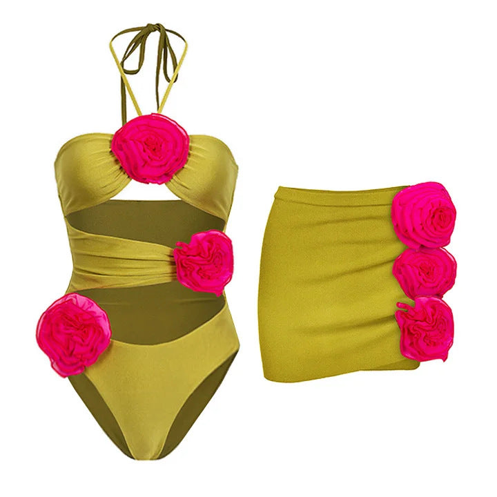 Olive- the Chatreuse Swimsuit with Pink Rosettes and/or Skirt