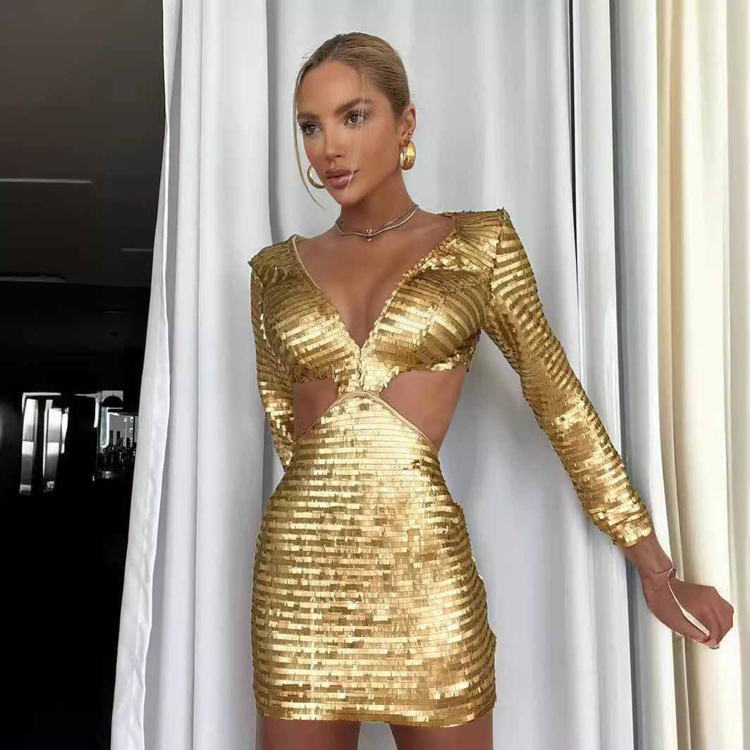 Phoenix- the Metallic Gold Cocktail Dress with Waist Cutouts
