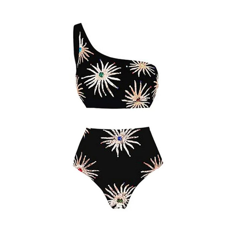 Dahlia- the Black and Silver Dahlia Design Swimsuit and/or Skirt Set with Rhinestones