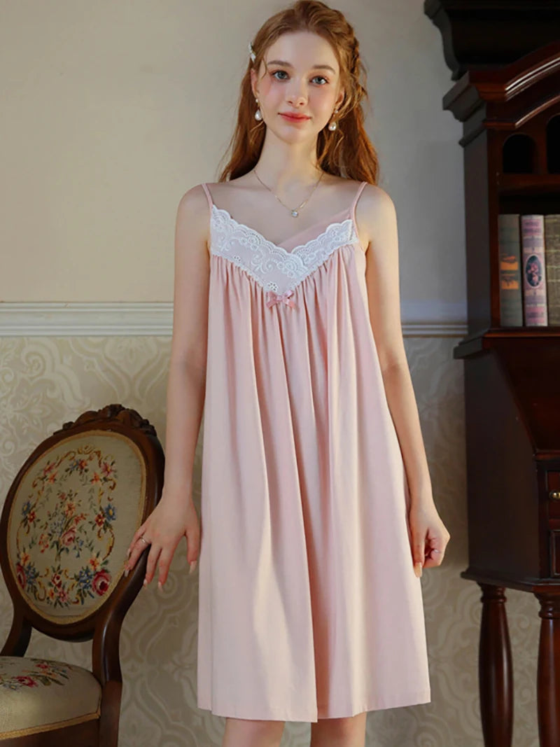 Sweet- the Spaghetti Strap Lace Trimmed Cotton Nightgown 3 Colors