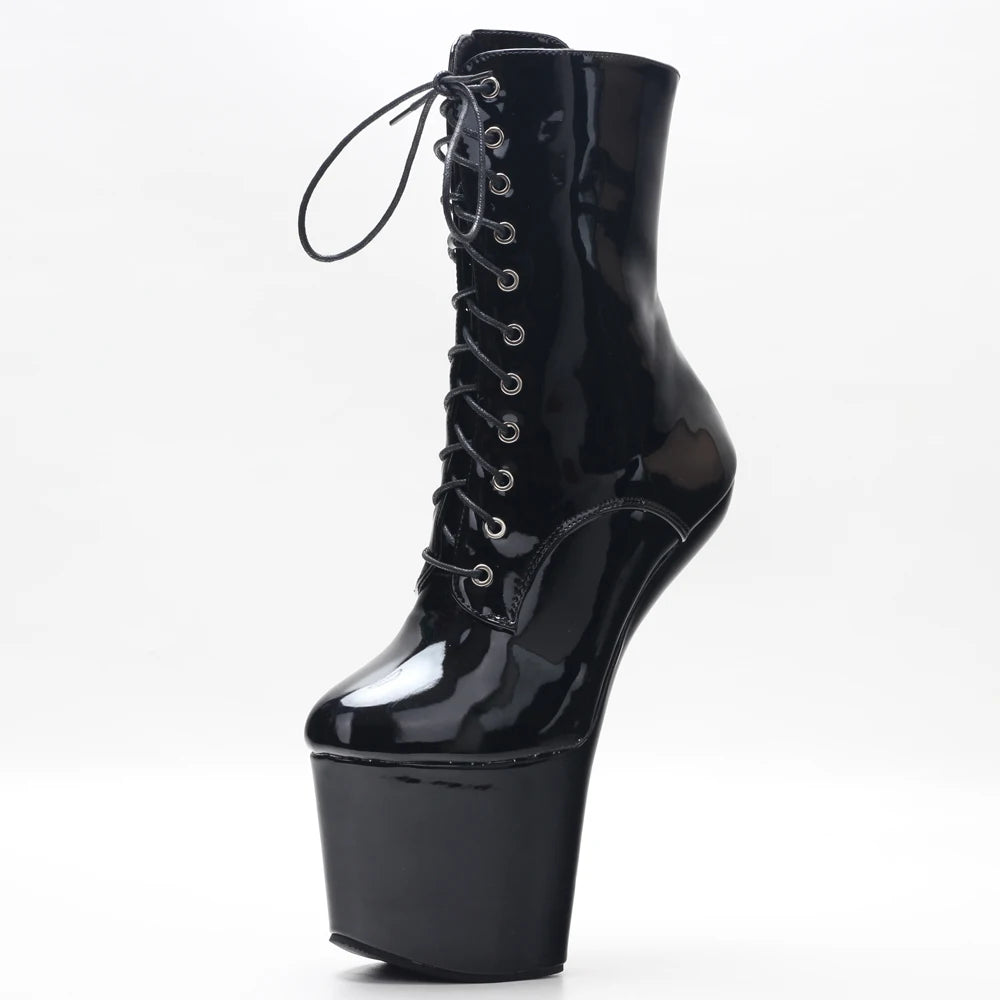 Hobbled- the Cantilevered Lace Up Patent Vinyl Boots