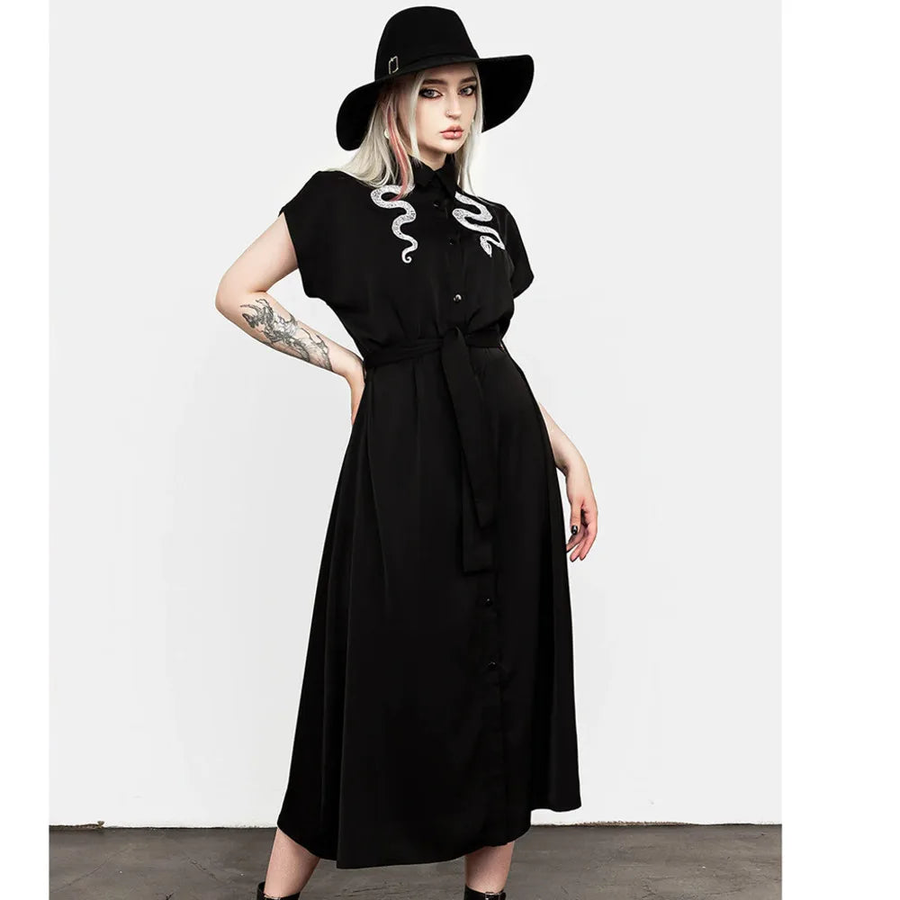 Slither- the Snake Adorned Black Shirt Dress