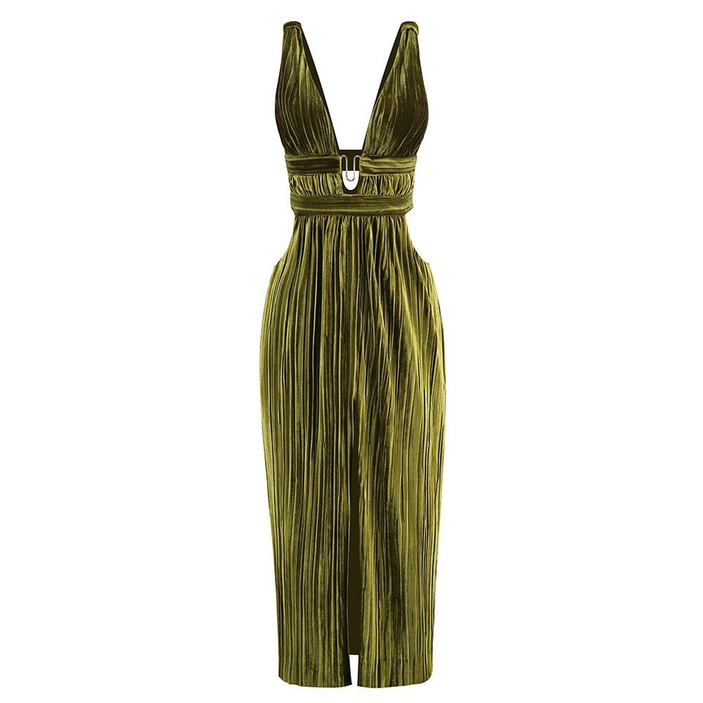 Absinthe- the Acid Green Pleated Velvet Goddess Evening Gown