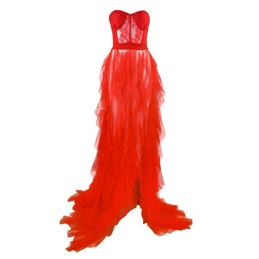 Conchita- the Chile Red Strapless Ruffled Skirt Lingerie Dress