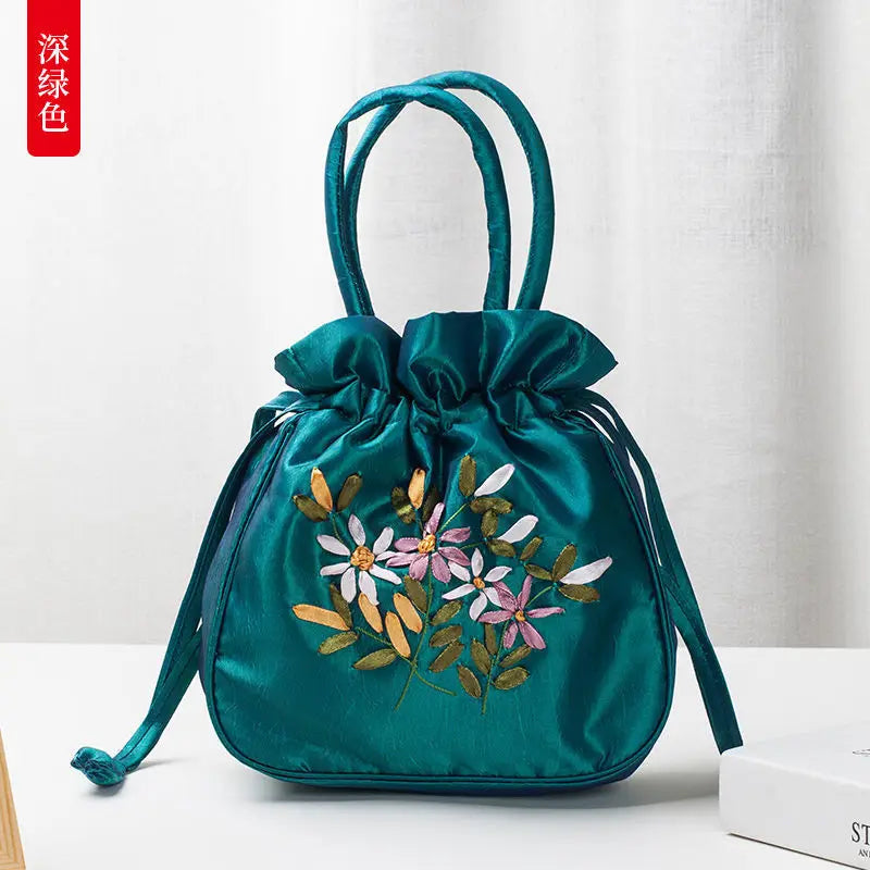 Nelly- the Satin Drawstring Pouch Bag w/ Embroidered Flowers 10 Colors