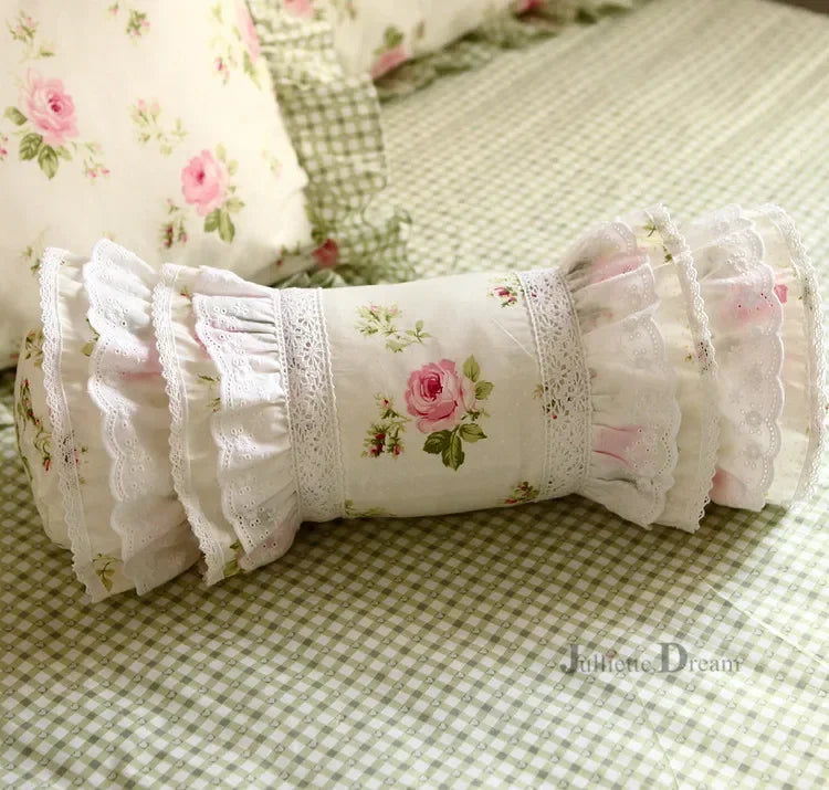 Maud- the Rose Print Lace Trimmed Bolster Pillow Case 3 Colors