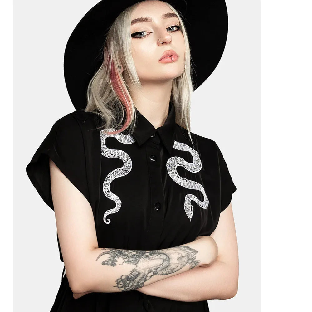 Slither- the Snake Adorned Black Shirt Dress