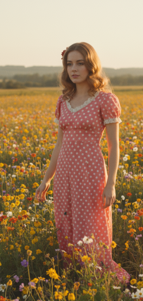 Pink and White Empire Waist Puff Sleeved Polka Dot Maxi Dress circa 1970s