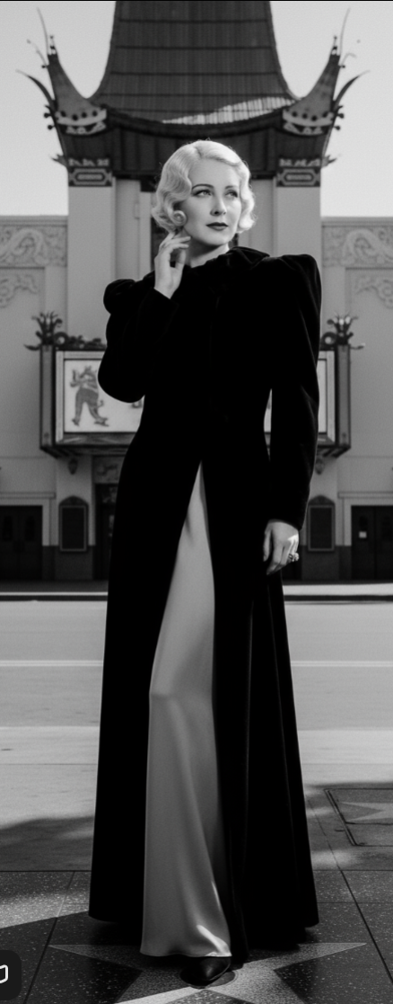 Ebony Velvet Princess Line Opera Coat with Ruffled Collar circa 1930s