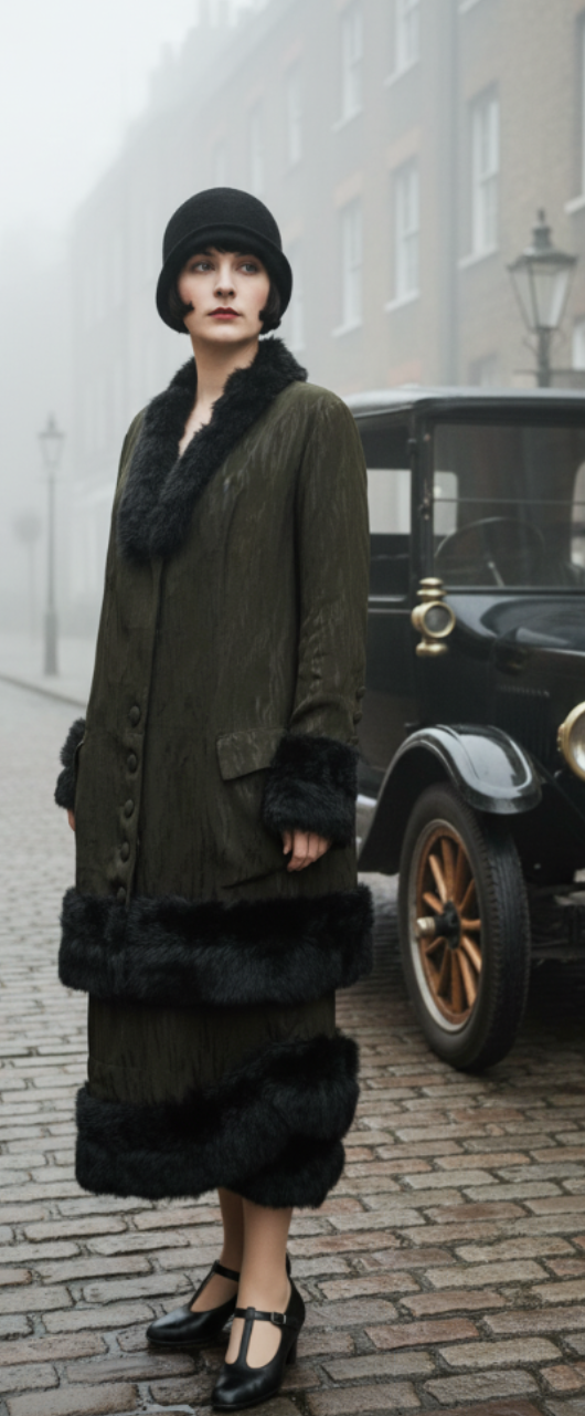 Fur Trimmed Flame Textured Silk Jacket and Skirt in Rich Deep Brown circa 1910s