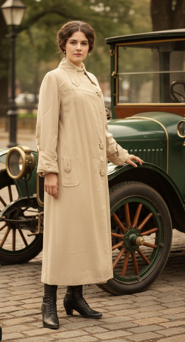 Ivory Linen Button Trimmed Car Coat circa Early 1900s