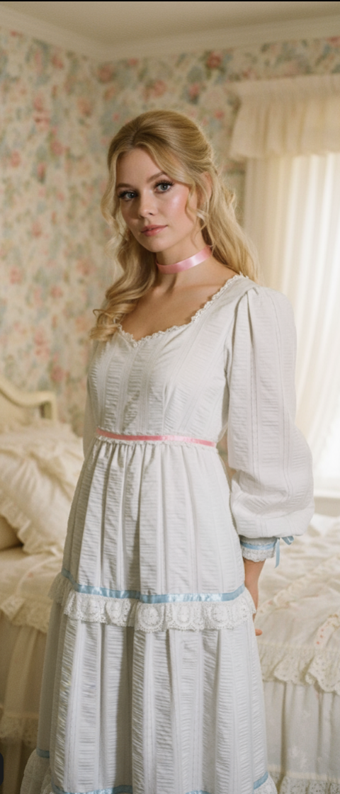 White Embroidered Cotton Maxi Dress with Pink and Blue Ribbon Trim circa 1970s White Embroidered Cotton Maxi Dress with Pink and Blue Ribbon Trim circa 1970s