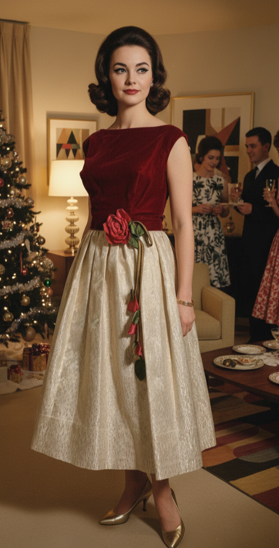 Red Velvet Bodice Dress with Metallic Gold Skirt Pink Rose Accent circa 1960s